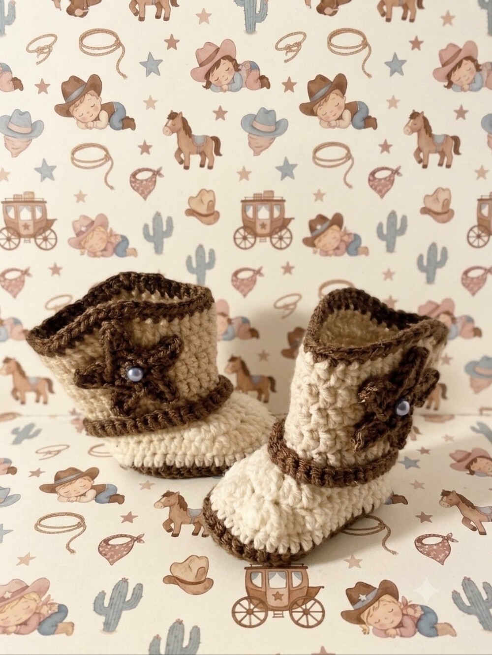 Handmade Crochet Baby Boy Brown Cowboy Booties 0-3 Months